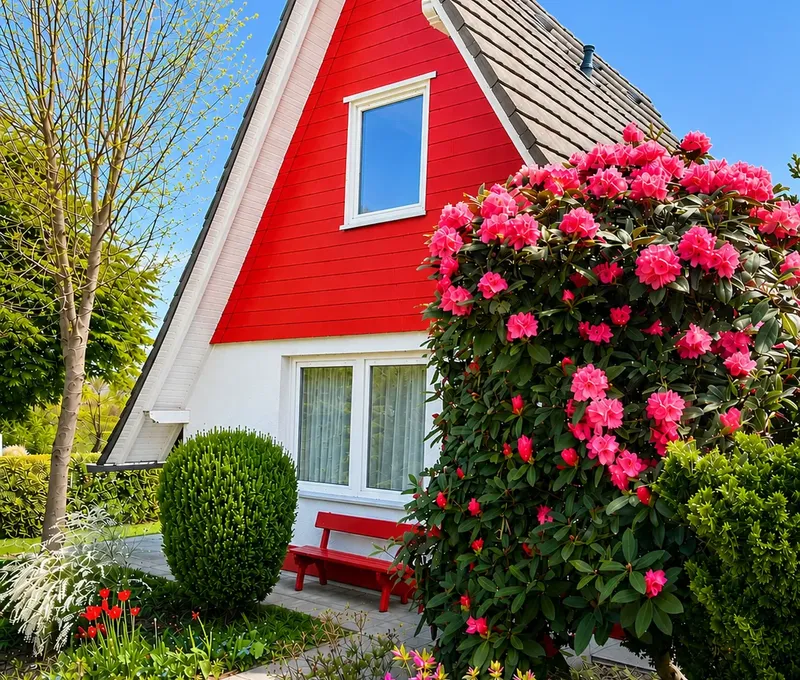 Aussenansicht vom Haus am See mit Rosen Aussenansicht vom Haus am See mit roter Fassade, Rosenstrauch und blauem Himmel.