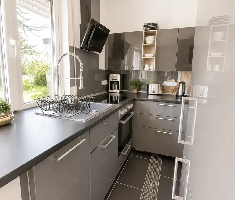 Kueche im Haus am See Moderne Kueche im Haus am See mit Arbeitsplatte, Herd und Dunstabzug.