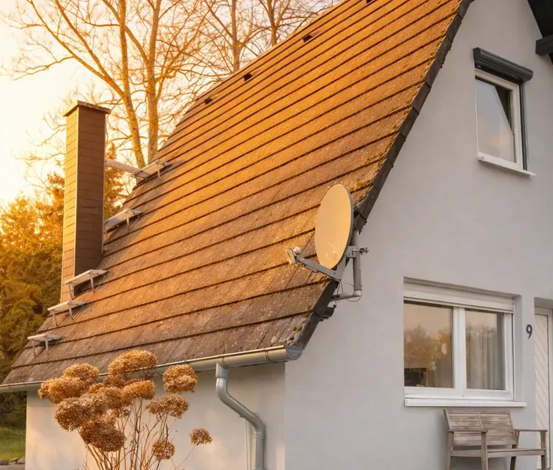 Außenansicht Ferienhaus Seeblick in der Abendsonne Außenansicht vom Ferienhaus Seeblick mit heller Fassade und Dach in warmer Abendsonne.