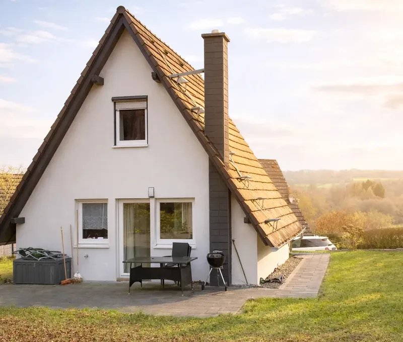 Ferienhaus Seeblick mit Garten Außenansicht vom Ferienhaus Seeblick mit Garten, Terrasse und Blick in den Westerwald.